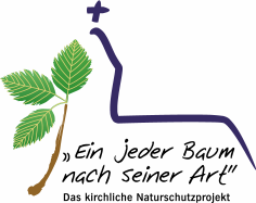 Das Logo des kirchlichen Naturschutzprojektes "Ein jeder Baum nach seiner Art" Dieses besteht aus einer stilisierten Kirche mit Turm. Eine Wand bildet ein stilisierter Baum, der Projektschriftzug bildet das Fundament